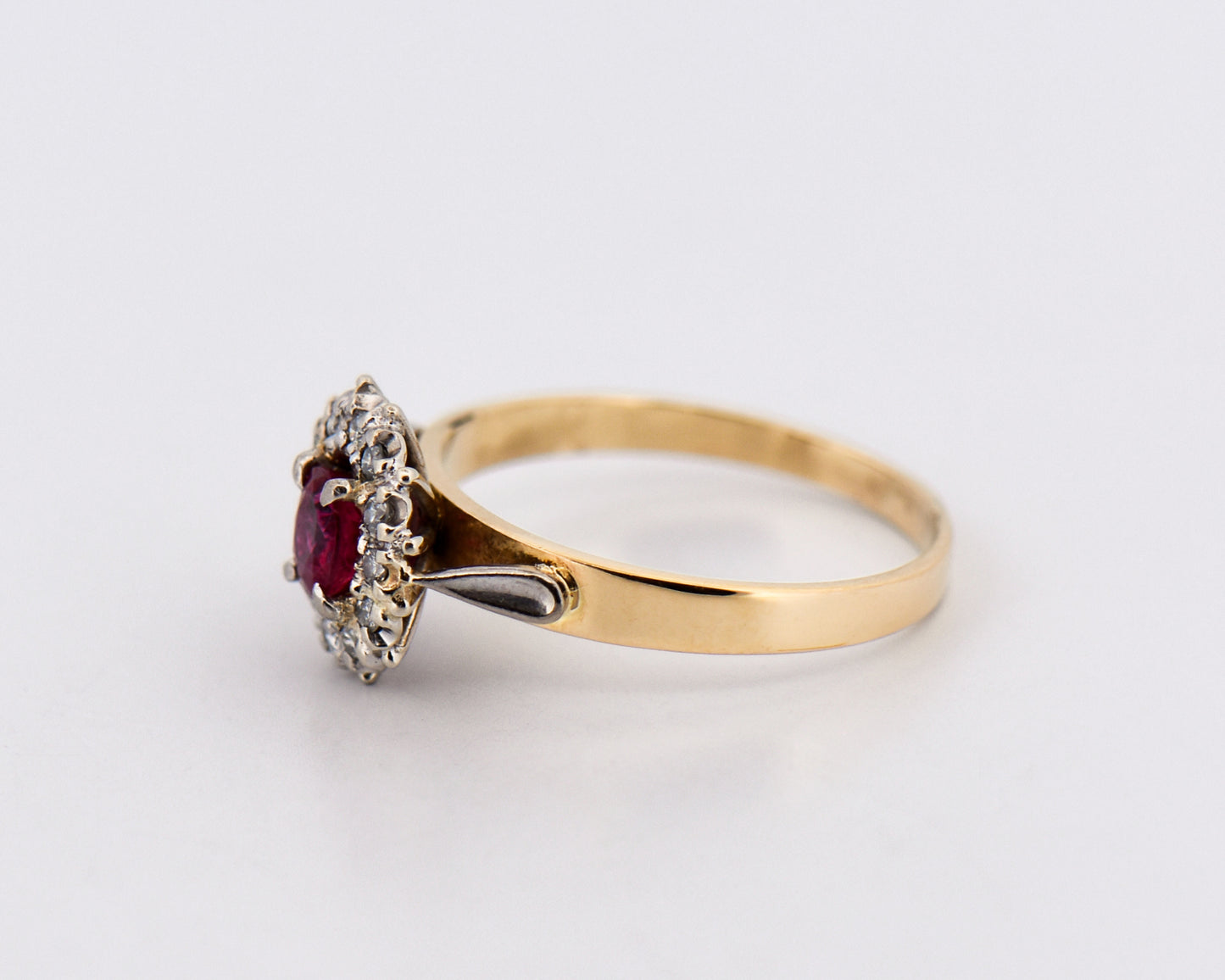 Vintage Ruby & Diamond Halo Engagement Ring in 18k Gold