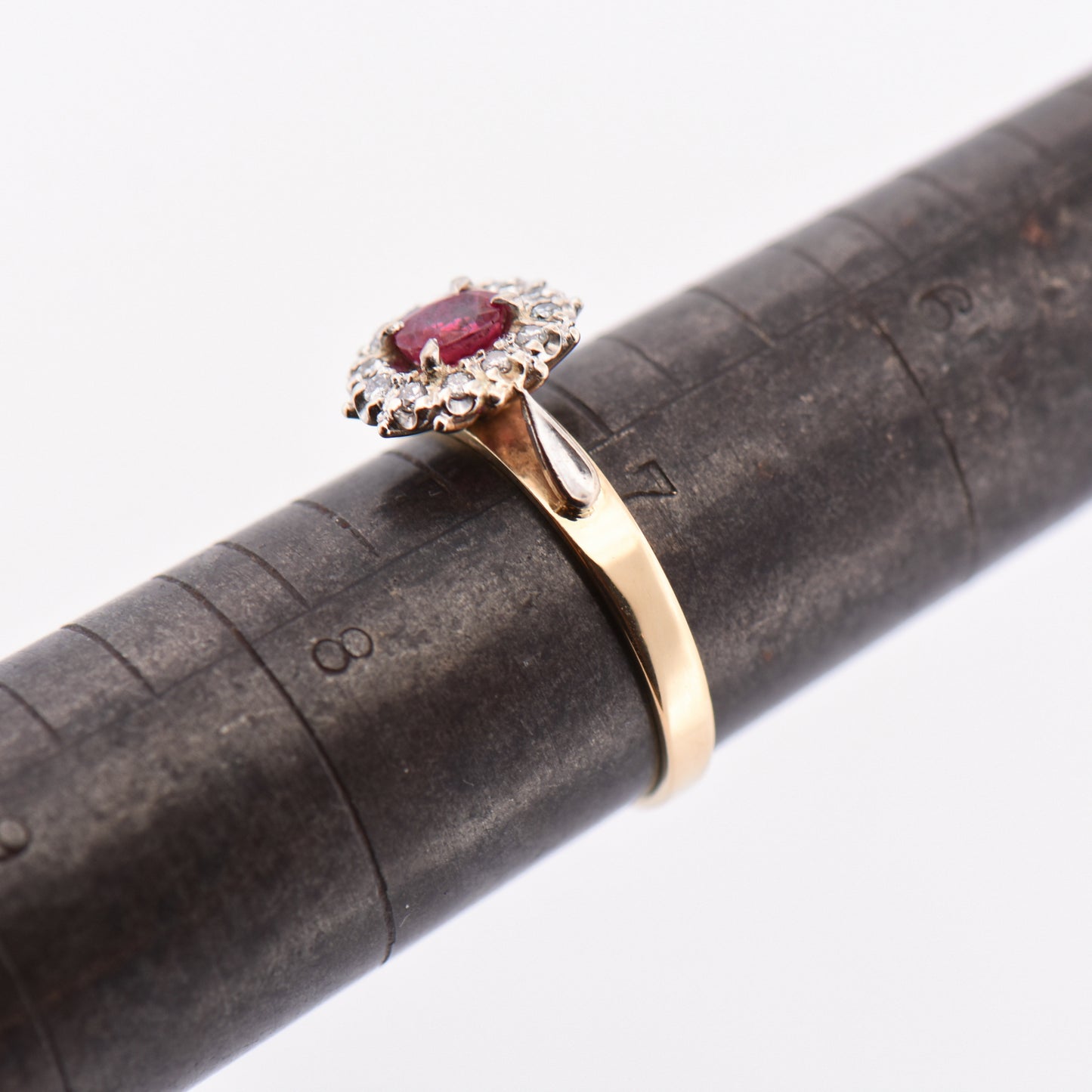 Vintage Ruby & Diamond Halo Engagement Ring in 18k Gold
