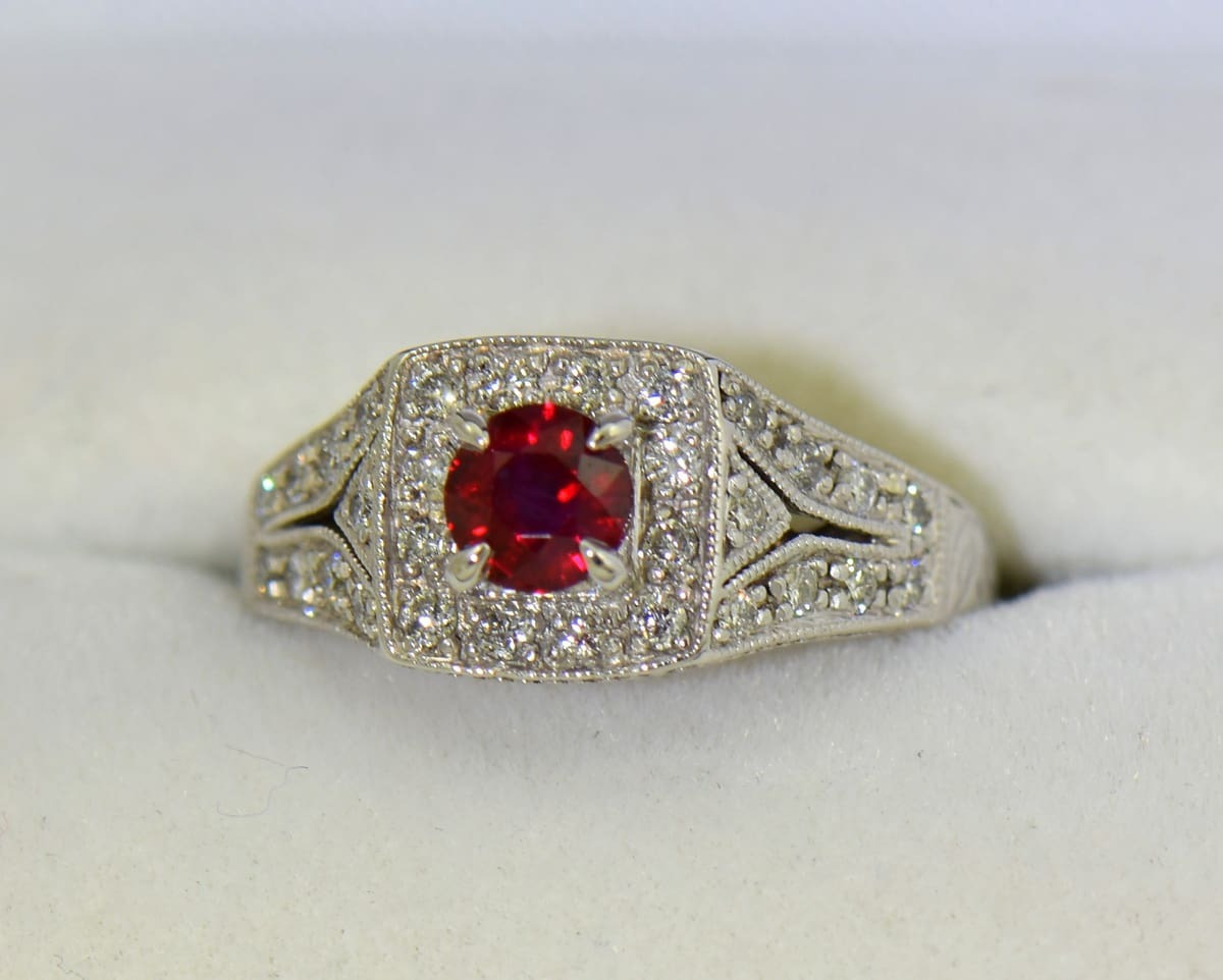 Vintage-Style Ruby Halo Engagement Ring