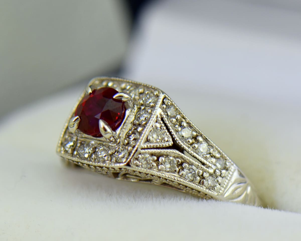 Vintage-Style Ruby Halo Engagement Ring