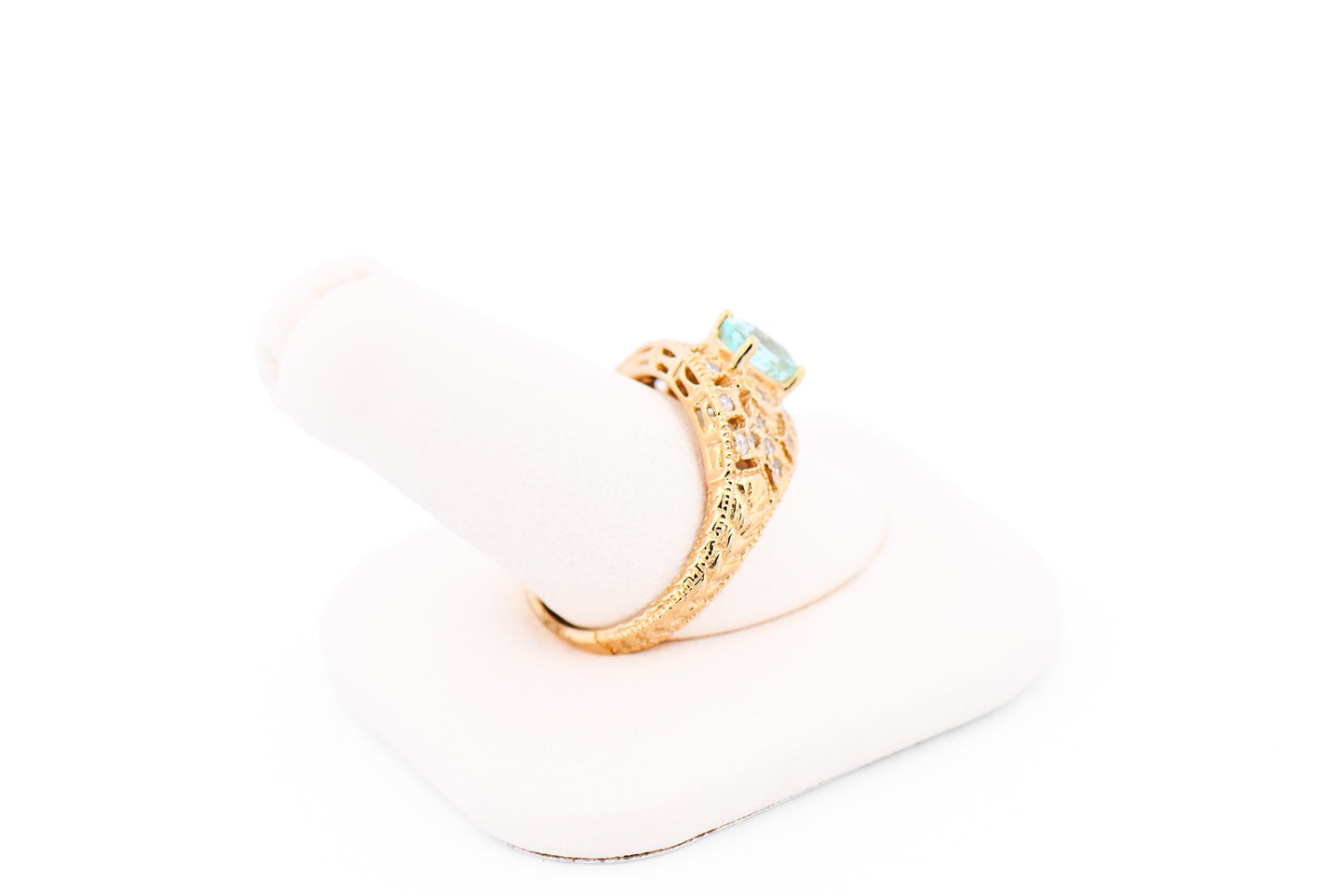 Vintage Styled Mozambique Paraiba Tourmaline & Diamond Ring in Yellow Gold