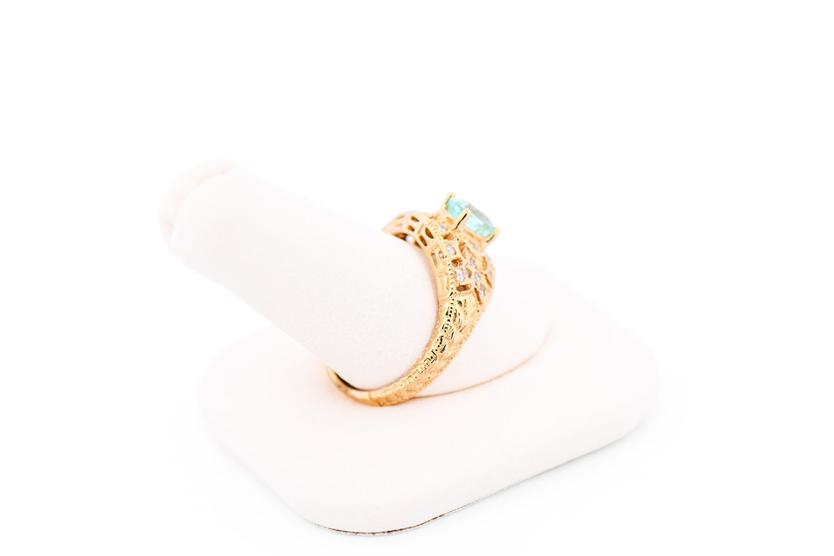 Vintage Styled Mozambique Paraiba Tourmaline & Diamond Ring in Yellow Gold