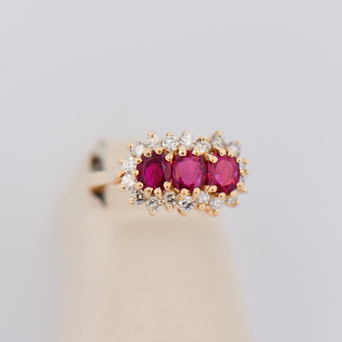Vintage Three-Stone Ruby and Diamond Cluster Ring in 14k Gold