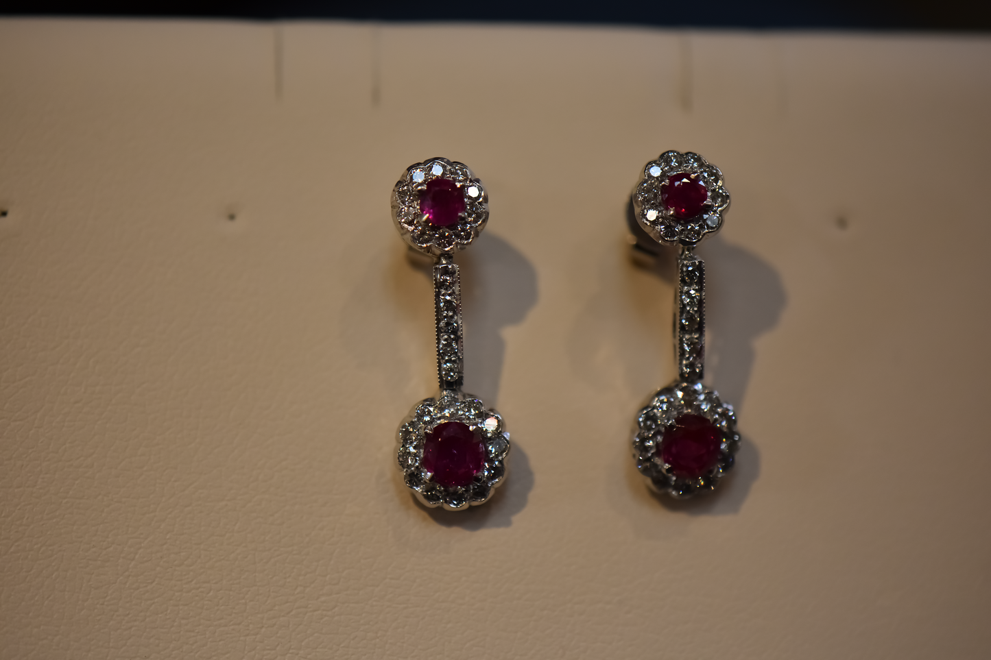 Vintage White Gold Earrings with Ruby & Diamond Halo Drops