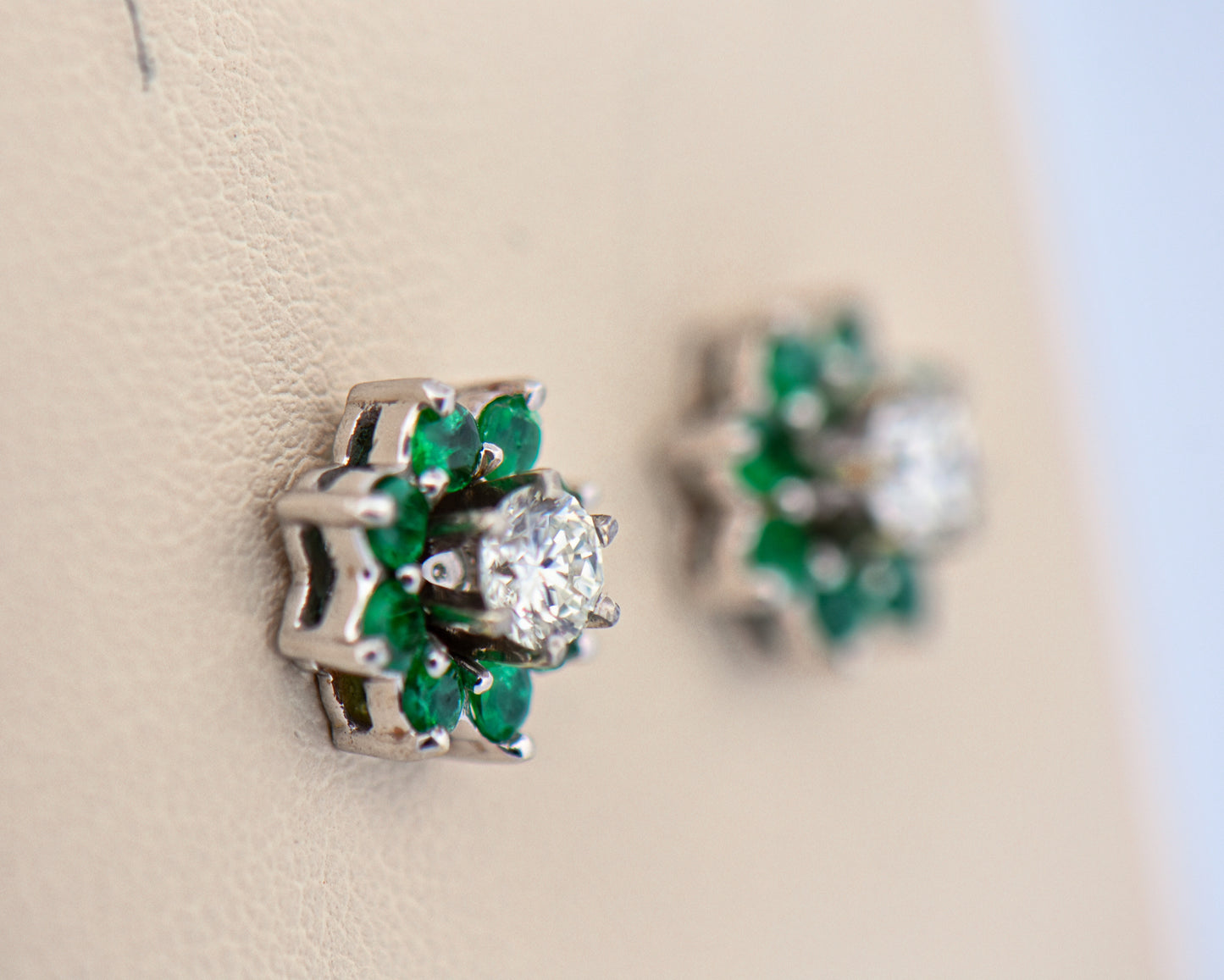 Vintage Diamond Stud Earrings with Emerald Halo Jackets