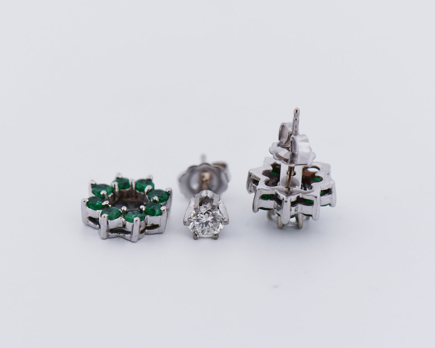 Vintage Diamond Stud Earrings with Emerald Halo Jackets