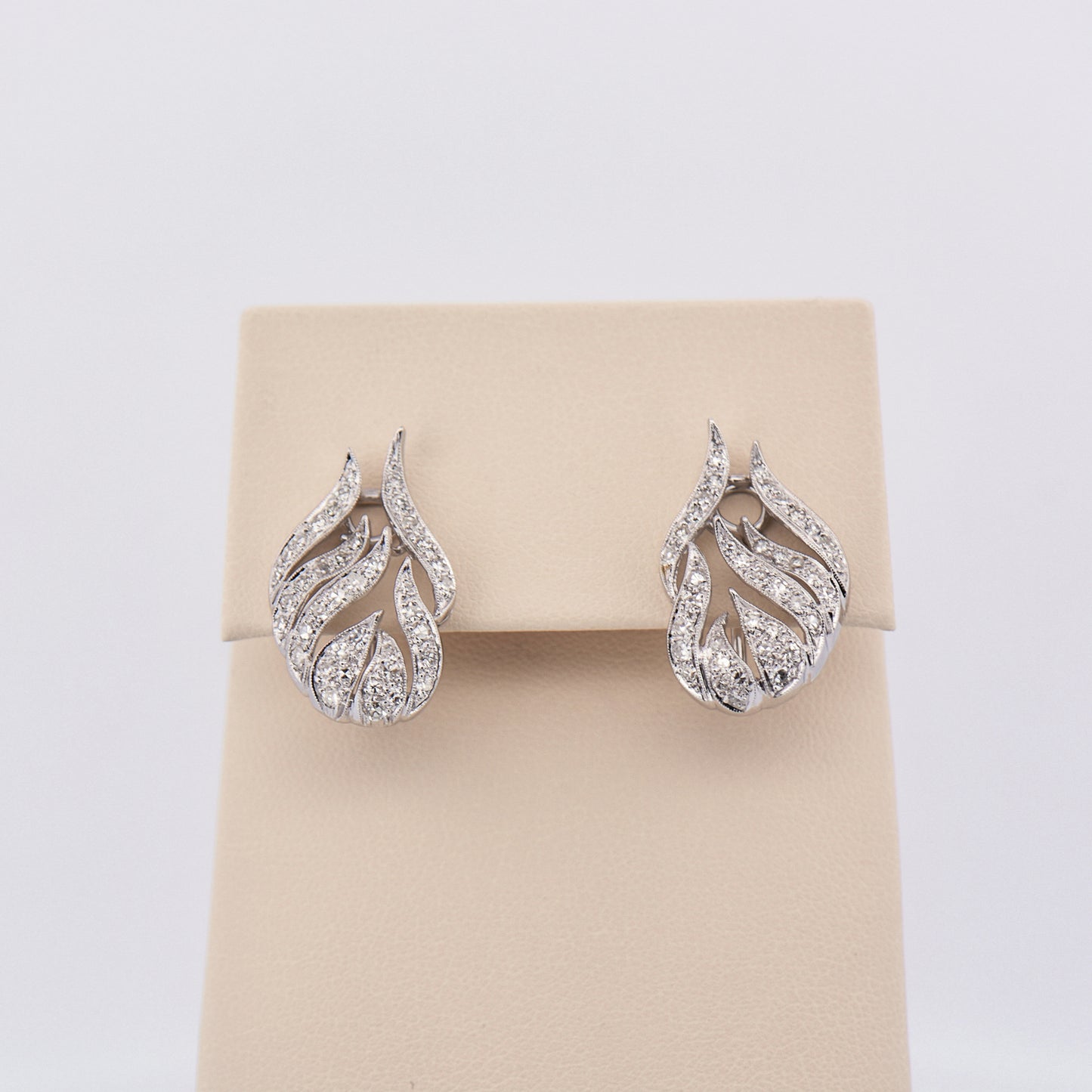 Vintage Leaf Motif Diamond Earrings in 14k White Gold