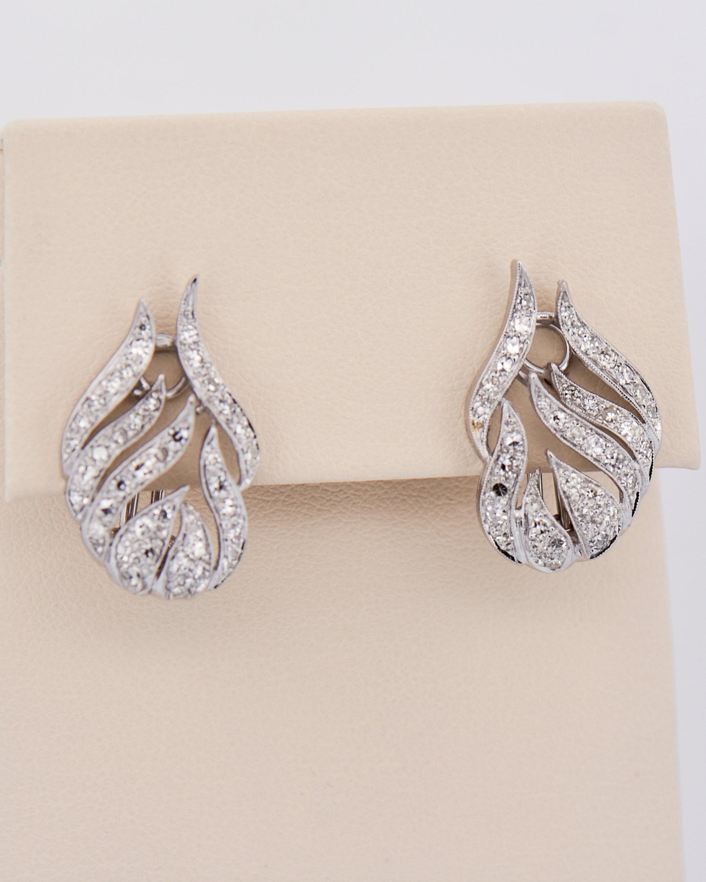 Vintage Leaf Motif Diamond Earrings in 14k White Gold