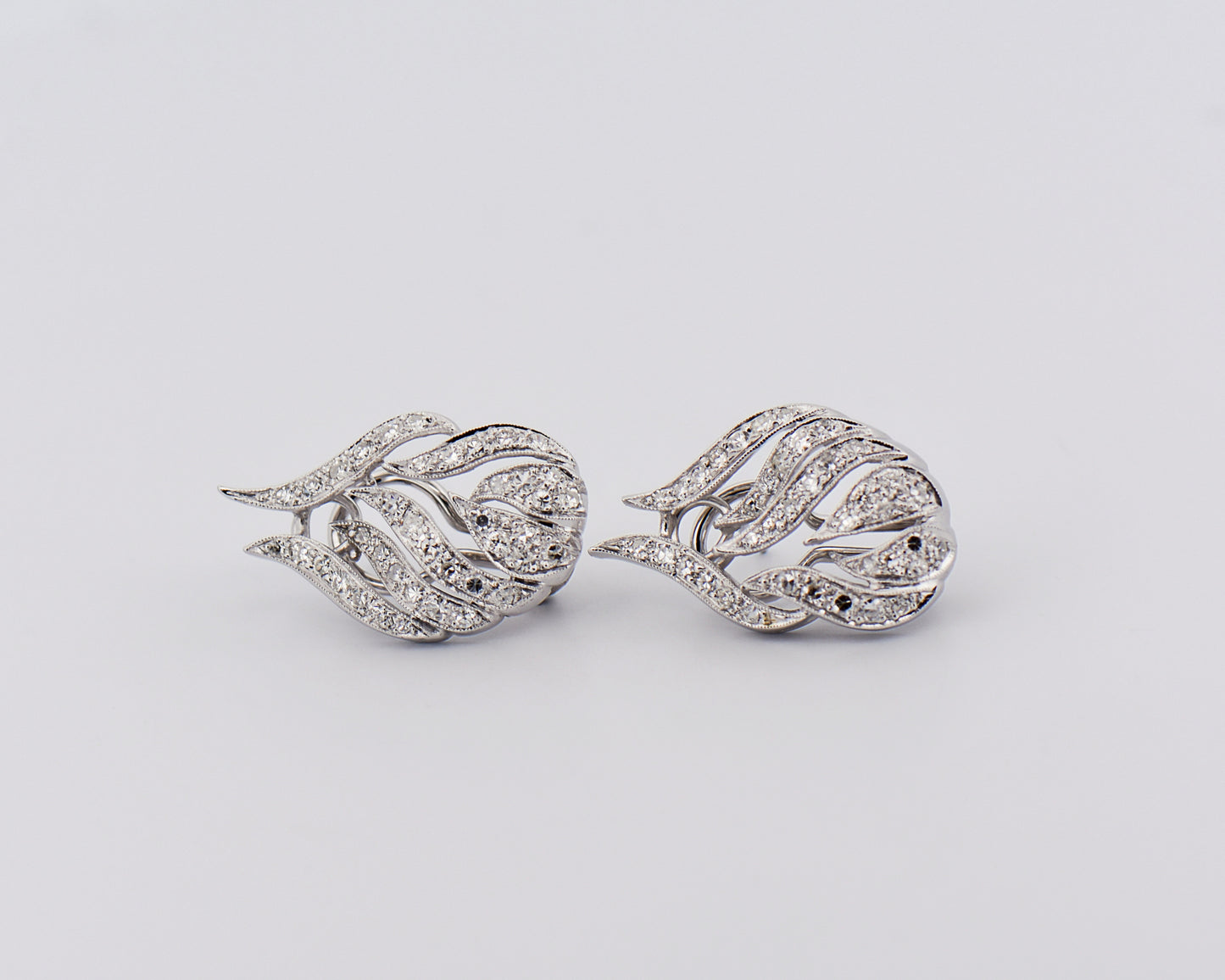 Vintage Leaf Motif Diamond Earrings in 14k White Gold