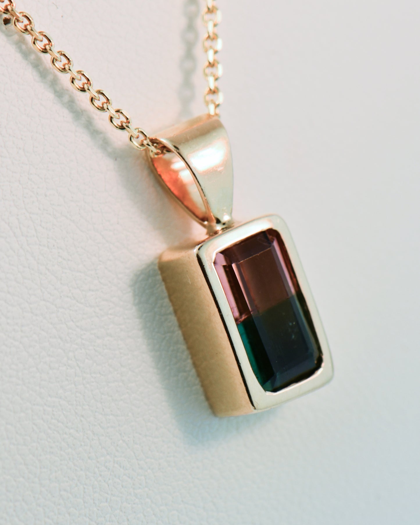 Bezel Set Solitaire Pendant with Emerald Cut Watermelon Tourmaline
