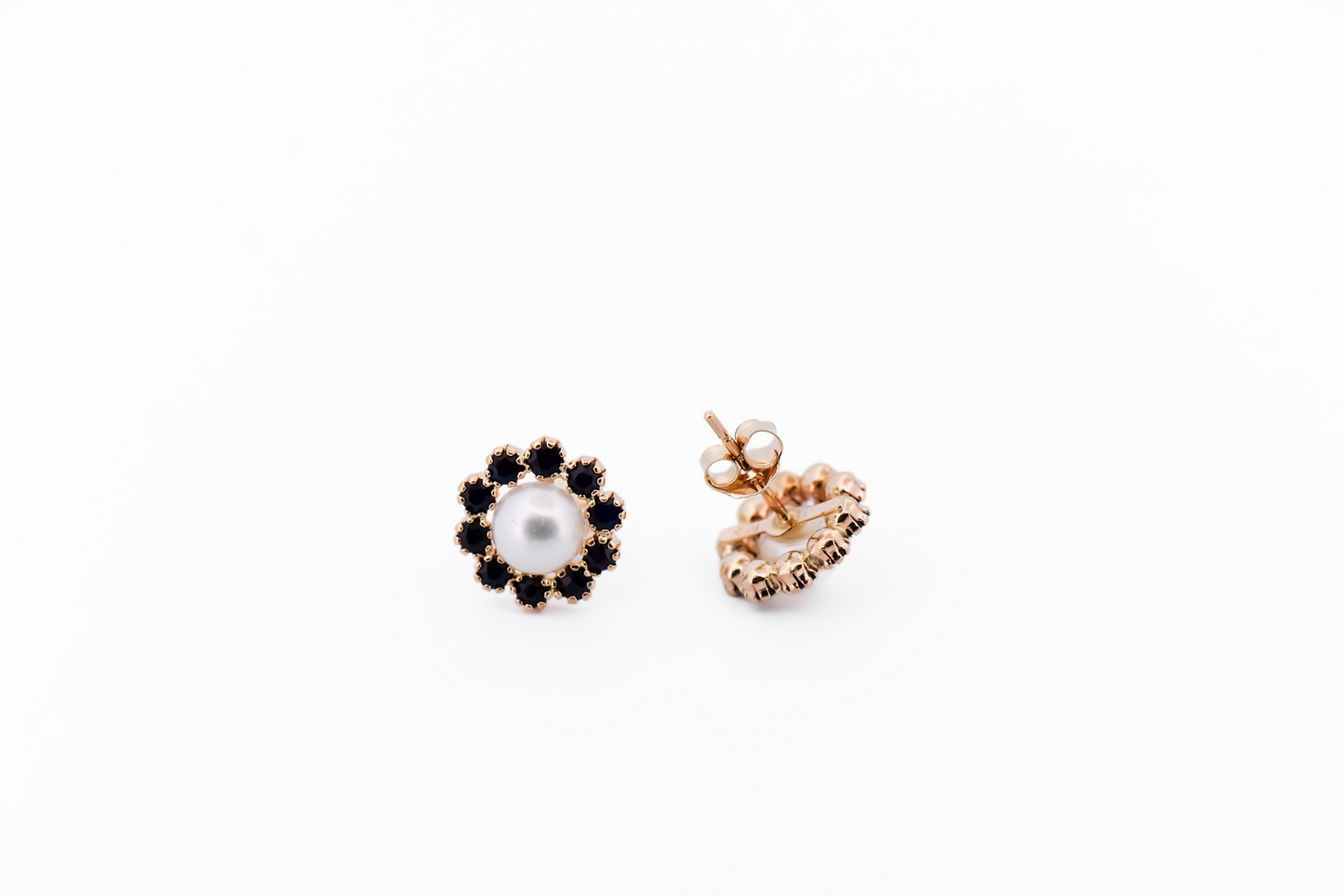 White Button Pearl Stud Earrings with Navy Blue Sapphire Halos