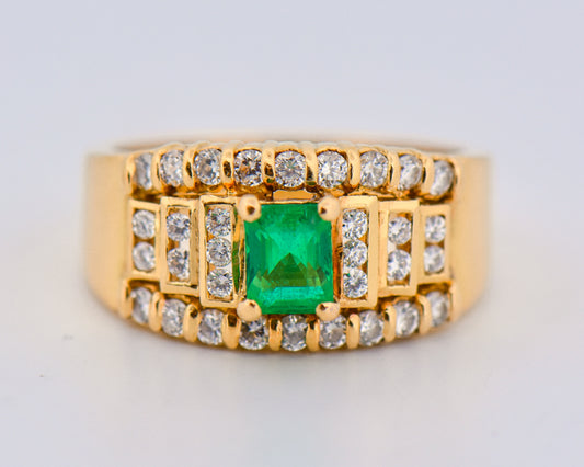 Estate Emerald and Diamond Ring in 18k Yellow Gold