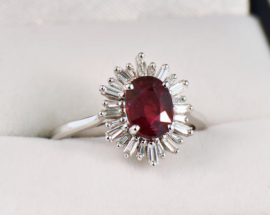 2ct Ruby & Baguette Diamond Halo Ring