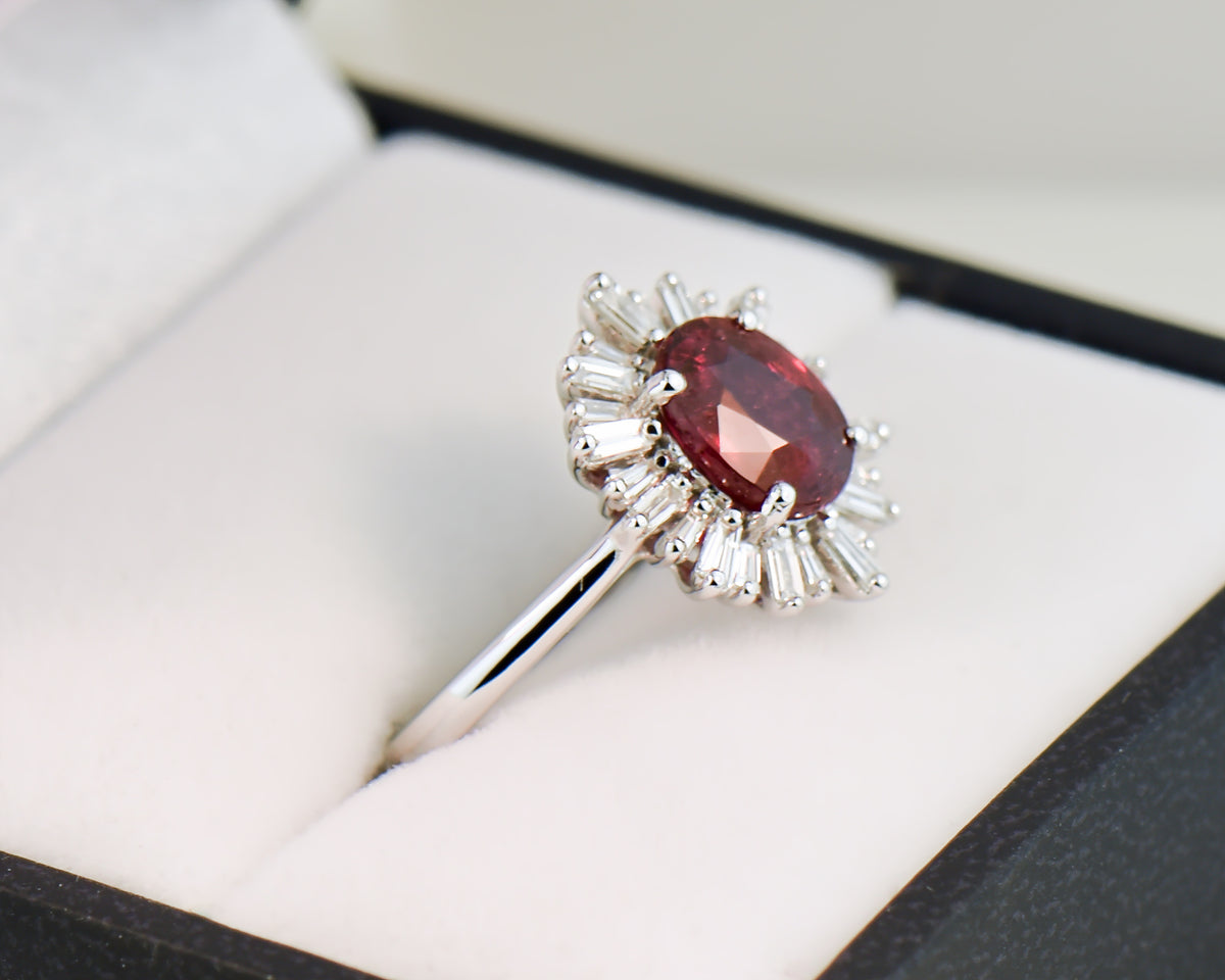 2ct Ruby & Baguette Diamond Halo Ring