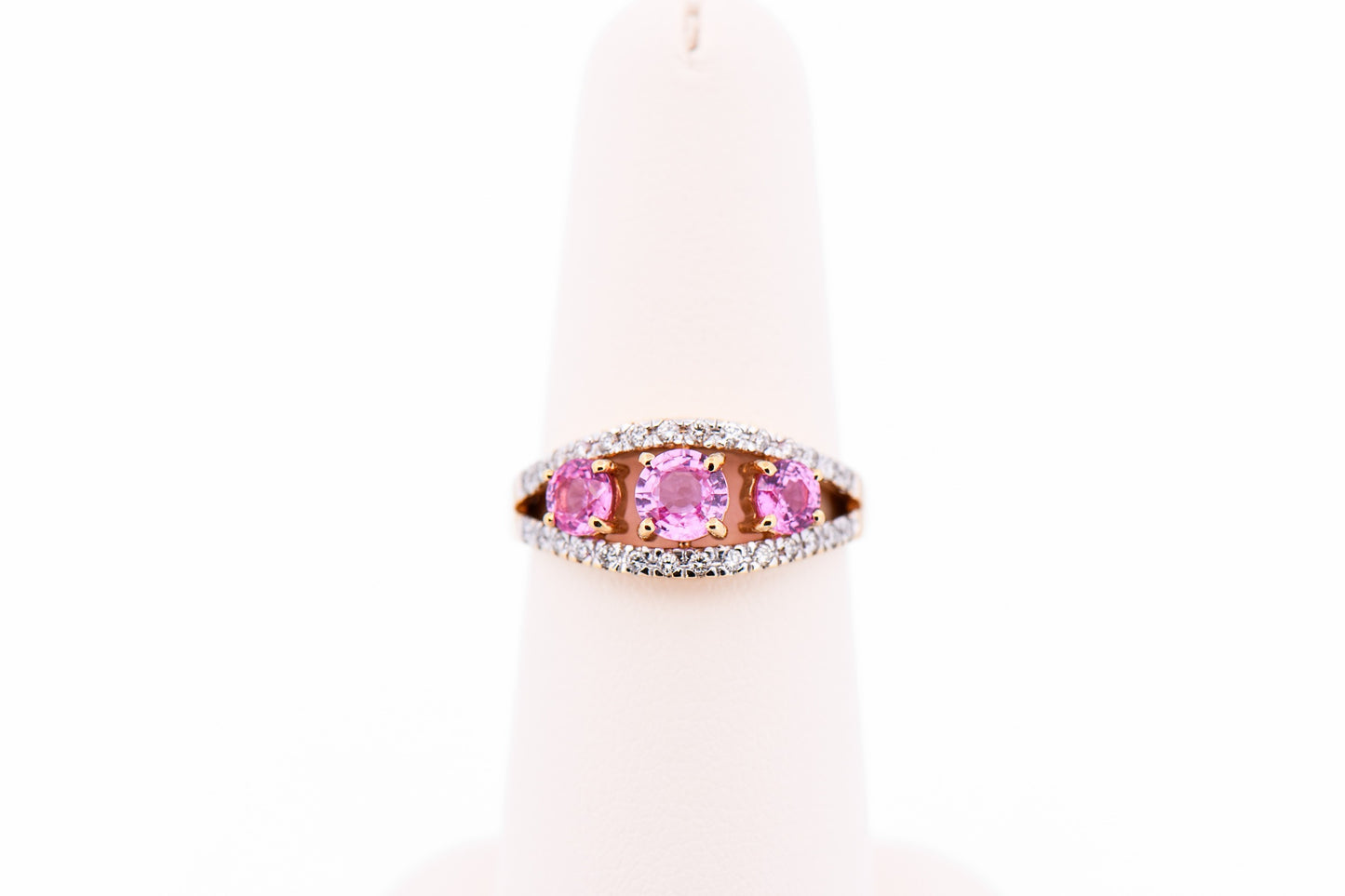 3-Stone Pink Sapphire & Diamond Ring in Yellow Gold
