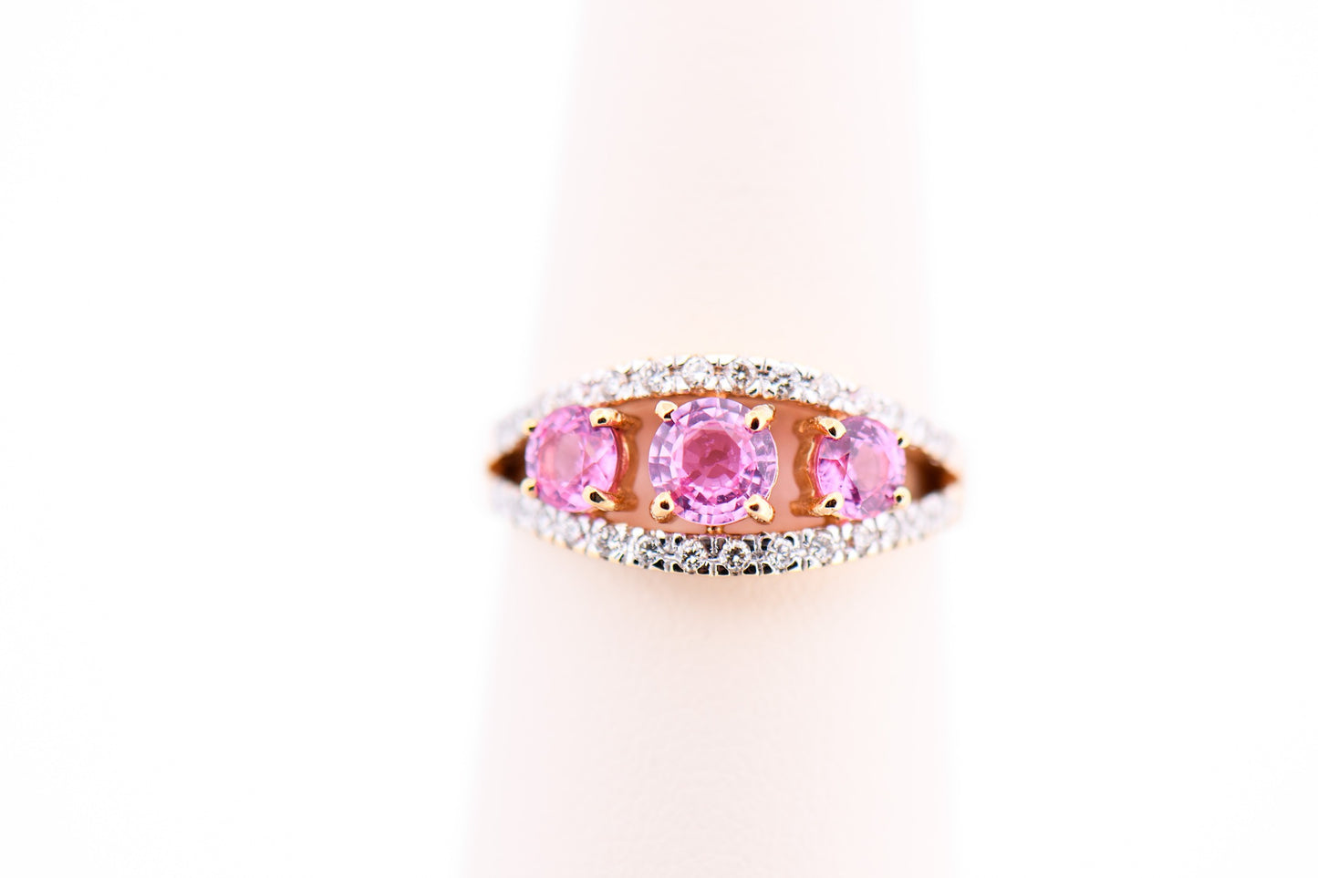 3-Stone Pink Sapphire & Diamond Ring in Yellow Gold