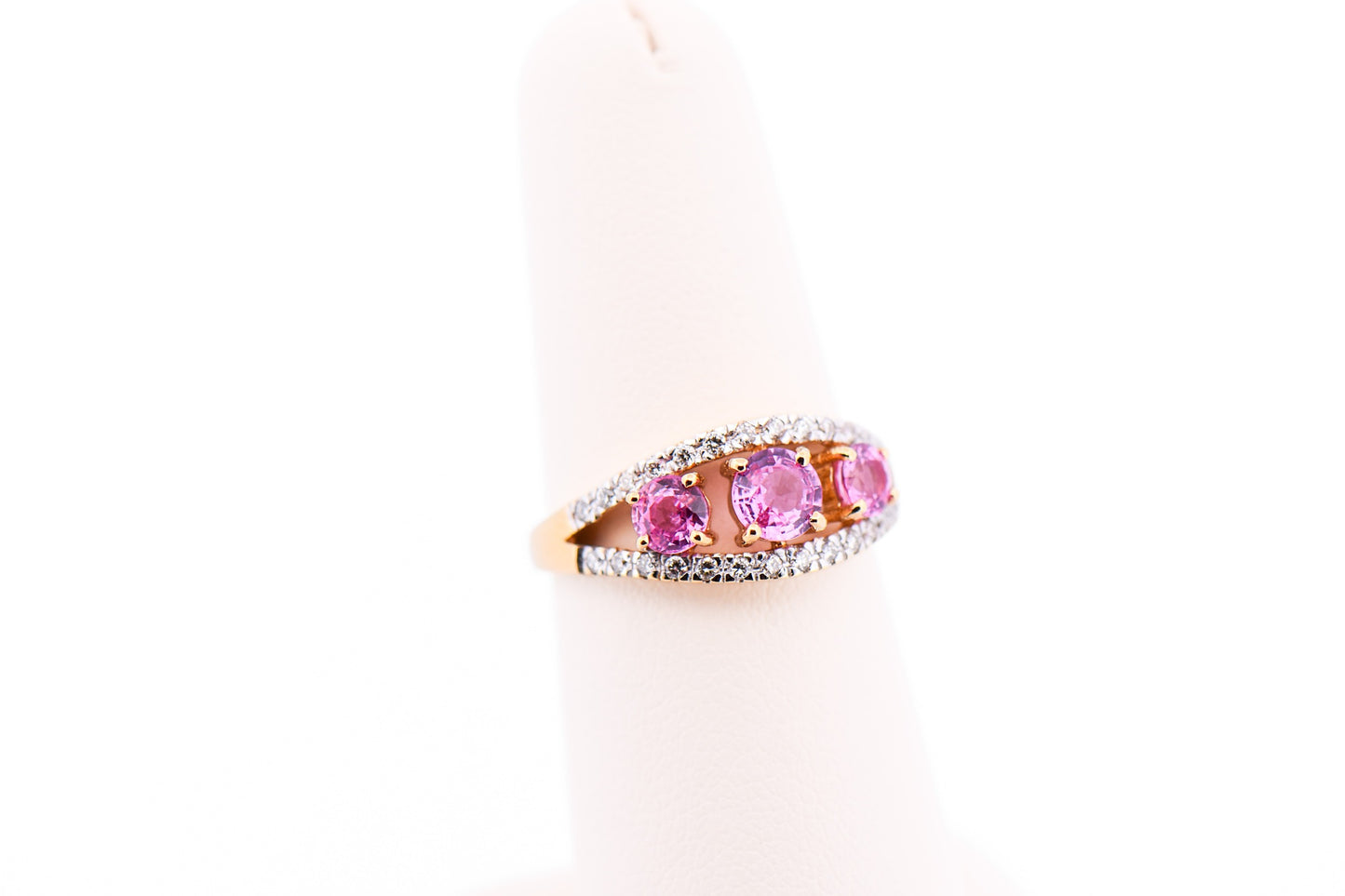 3-Stone Pink Sapphire & Diamond Ring in Yellow Gold