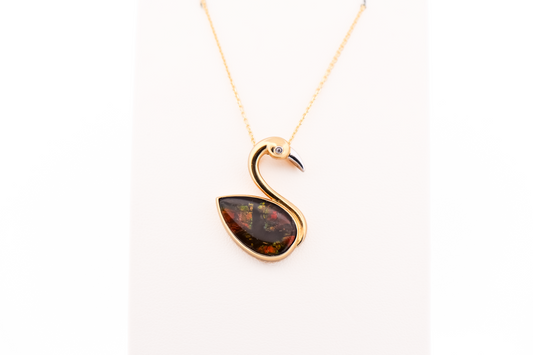 Adorable Ammolite & Diamond Flamingo Pendant in 14k Gold