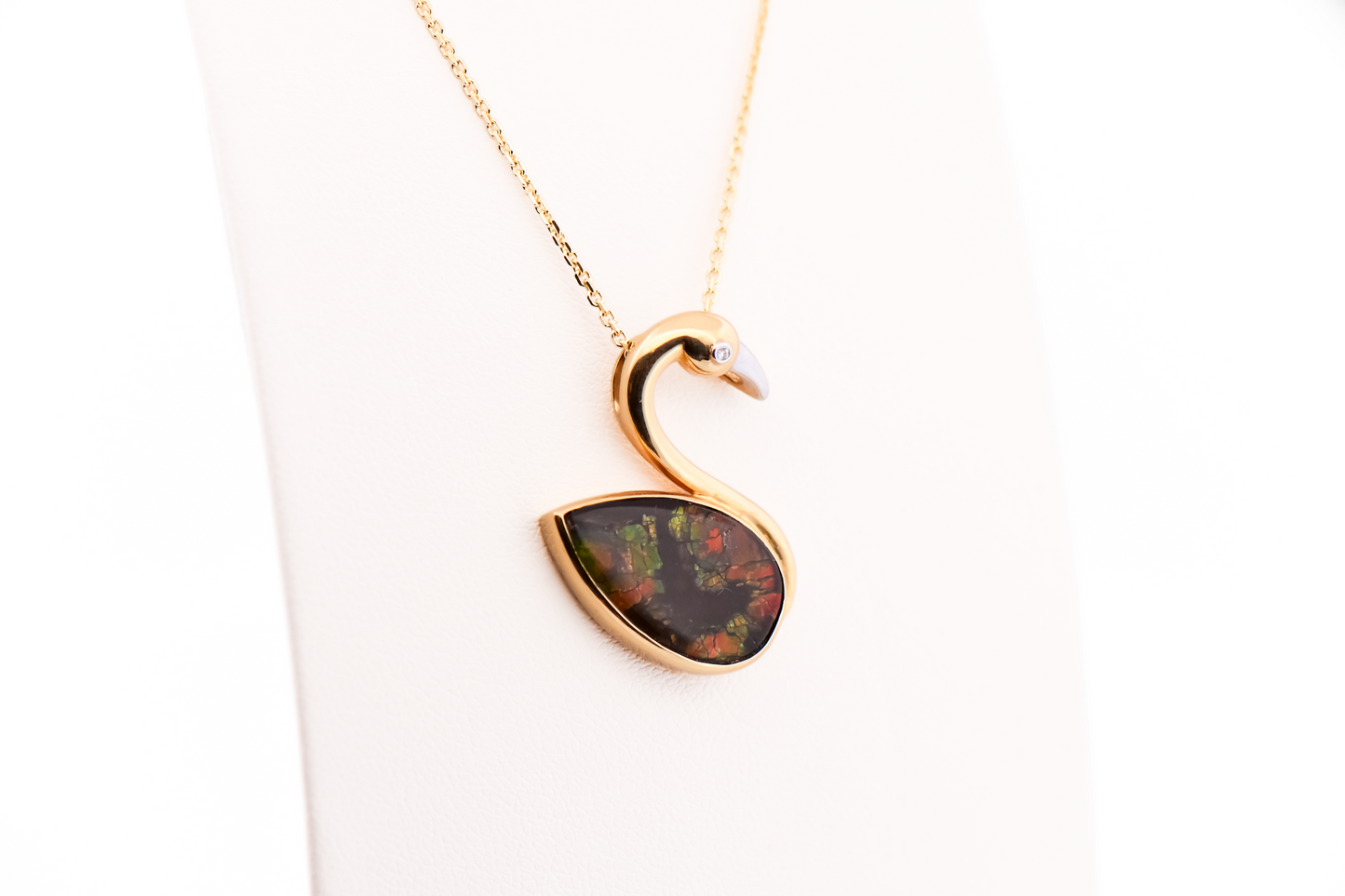 Adorable Ammolite & Diamond Flamingo Pendant in 14k Gold