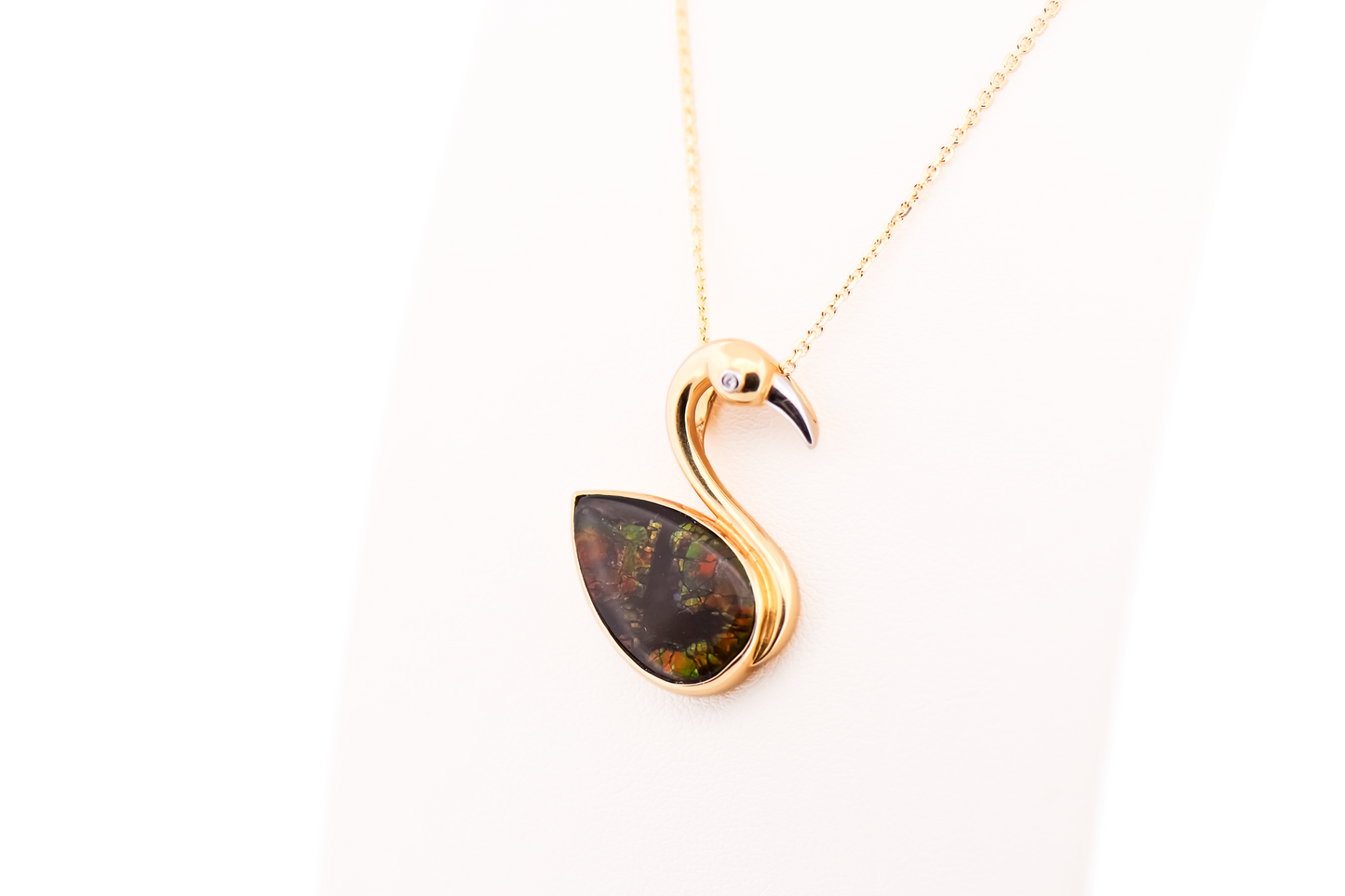 Adorable Ammolite & Diamond Flamingo Pendant in 14k Gold