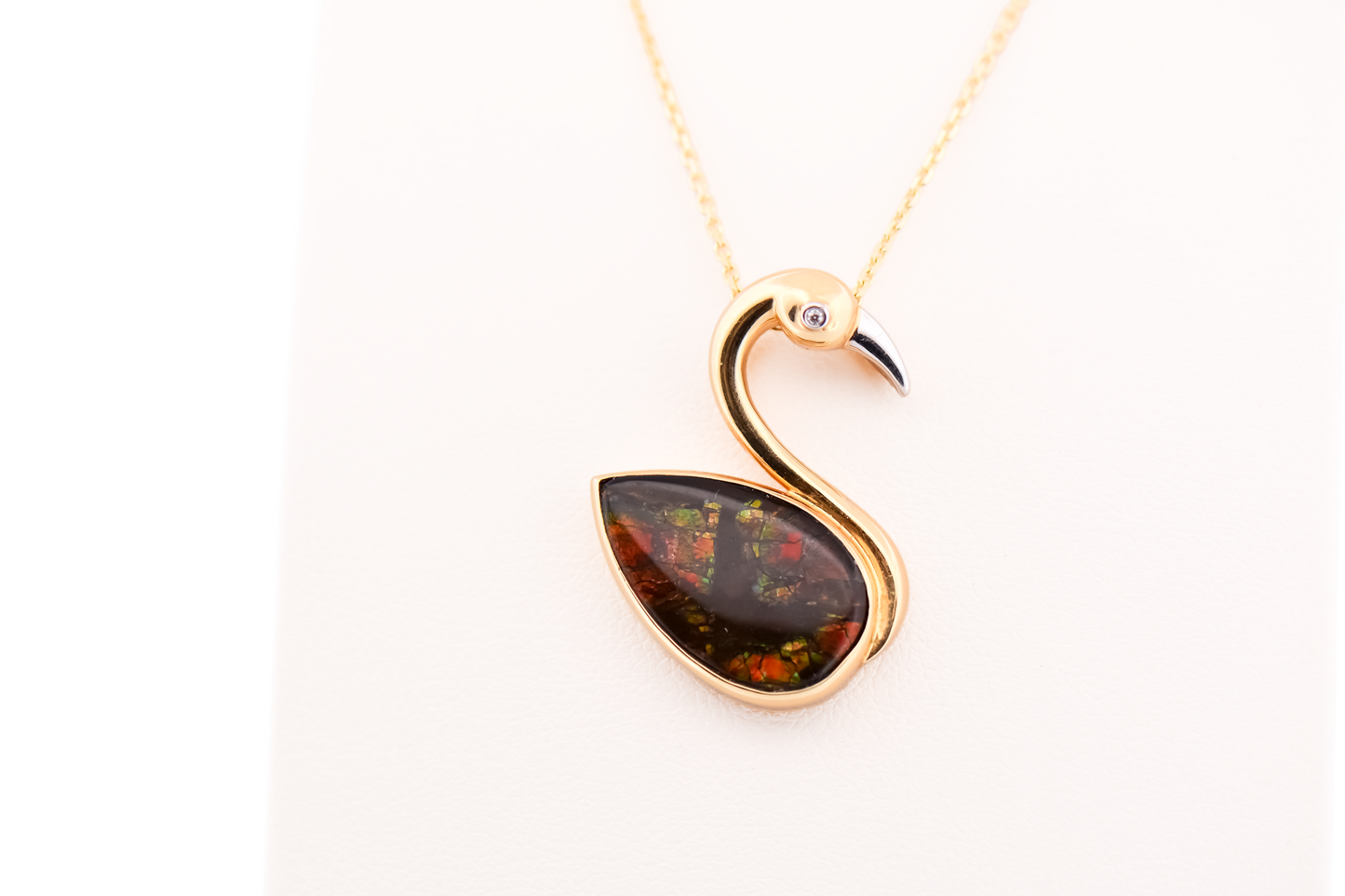 Adorable Ammolite & Diamond Flamingo Pendant in 14k Gold