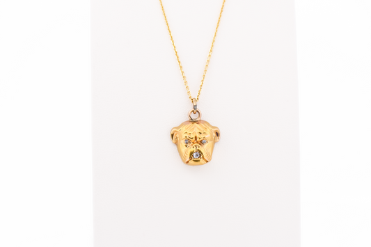 Adorable Antique English Bulldog Pendant with Diamond Eyes & Mouth