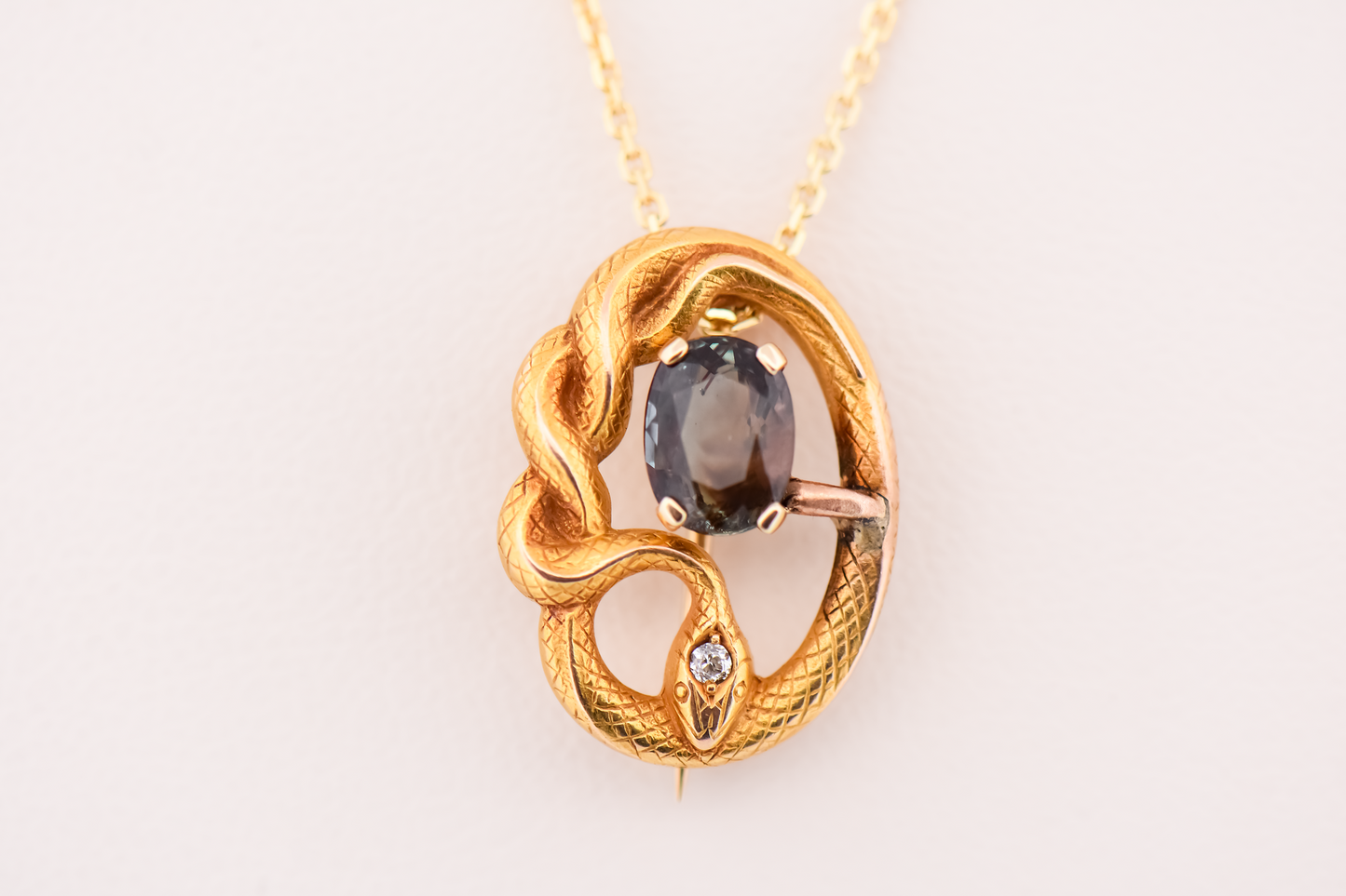 Adorable Art Nouveau Snake Pendant/Brooch with Natural Alexandrite & Diamond