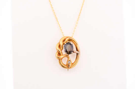 Adorable Art Nouveau Snake Pendant/Brooch with Natural Alexandrite & Diamond
