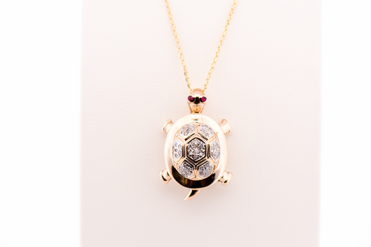 Adorable Estate Turtle Pendant Brooch Combo - Diamond Shell & Ruby Eyes
