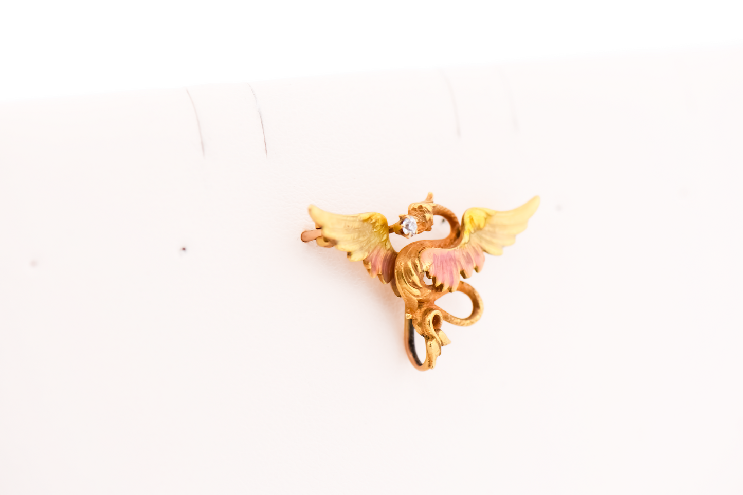 Adorable Krementz Yellow Gold Winged Dragon Pin Pendant with Enamel & Diamonds