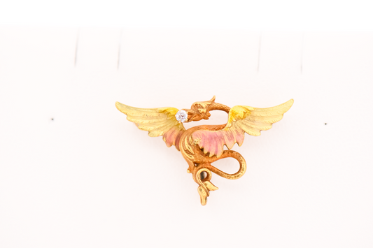 Adorable Krementz Yellow Gold Winged Dragon Pin Pendant with Enamel & Diamonds
