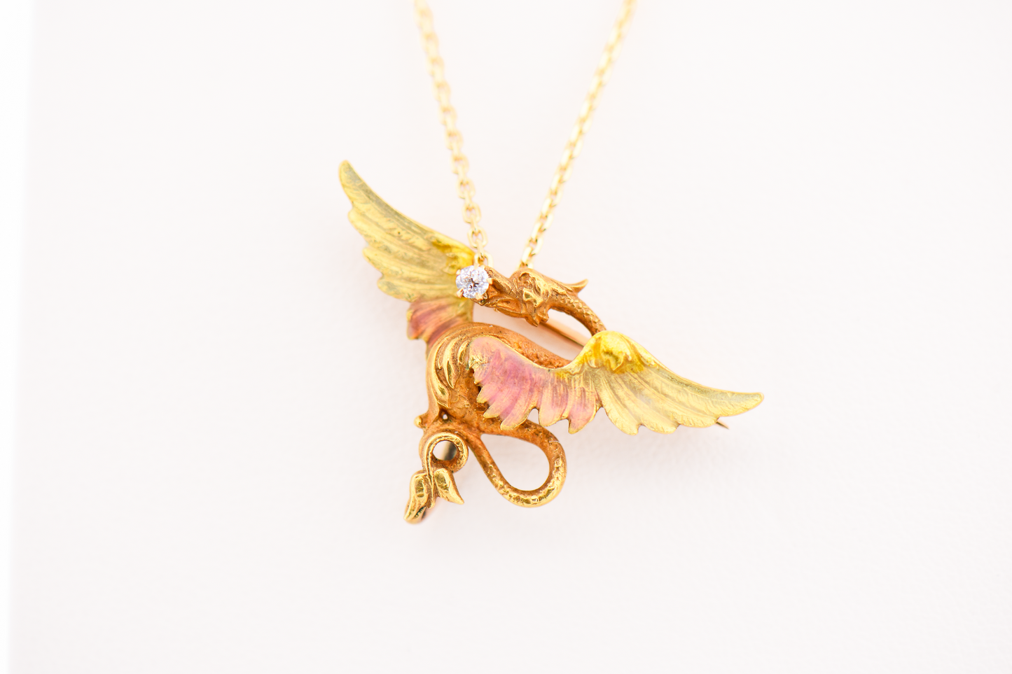 Adorable Krementz Yellow Gold Winged Dragon Pin Pendant with Enamel & Diamonds