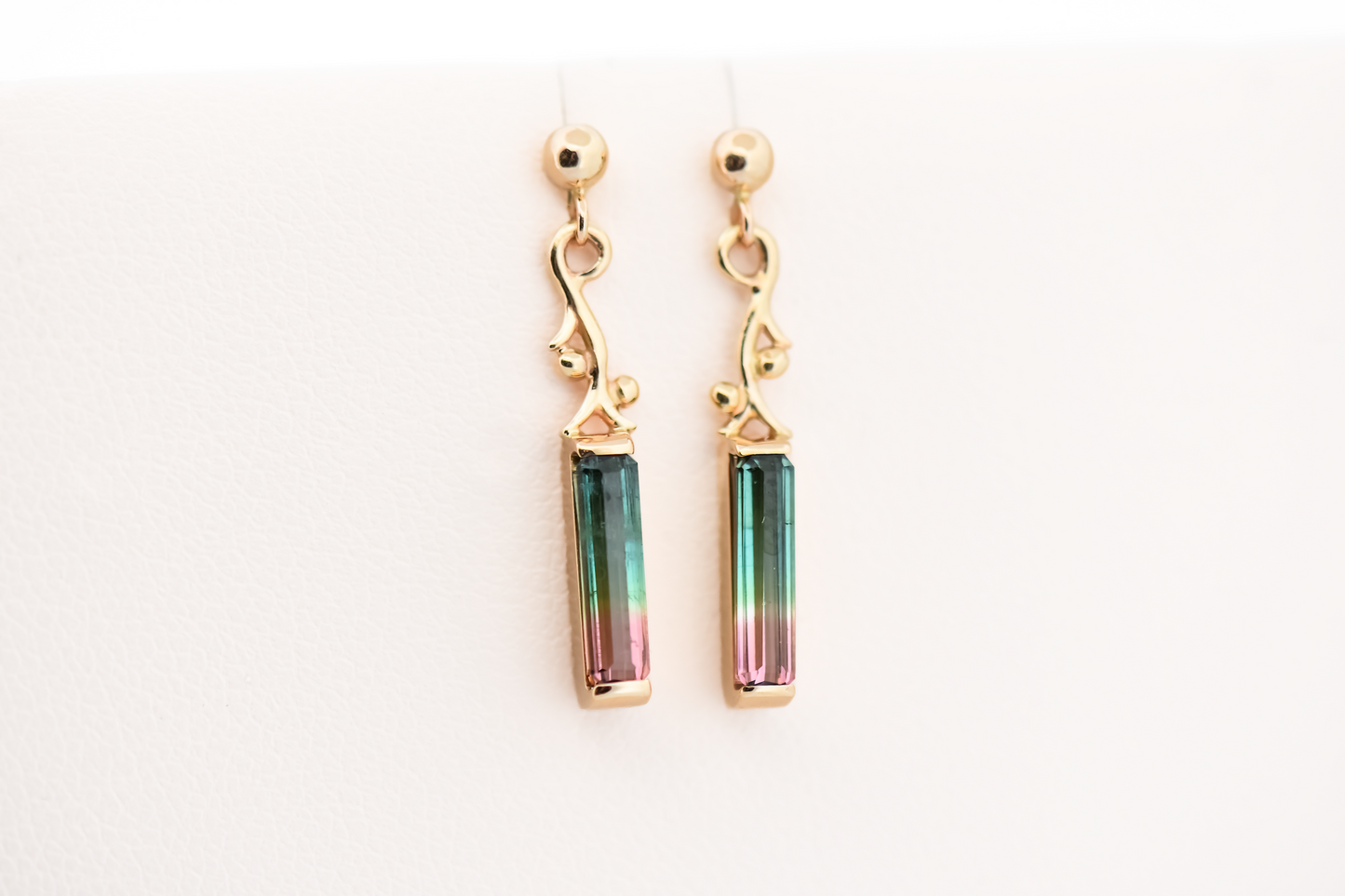 Adorable Watermelon Tourmaline Dangle Earrings in 14k Yellow Gold