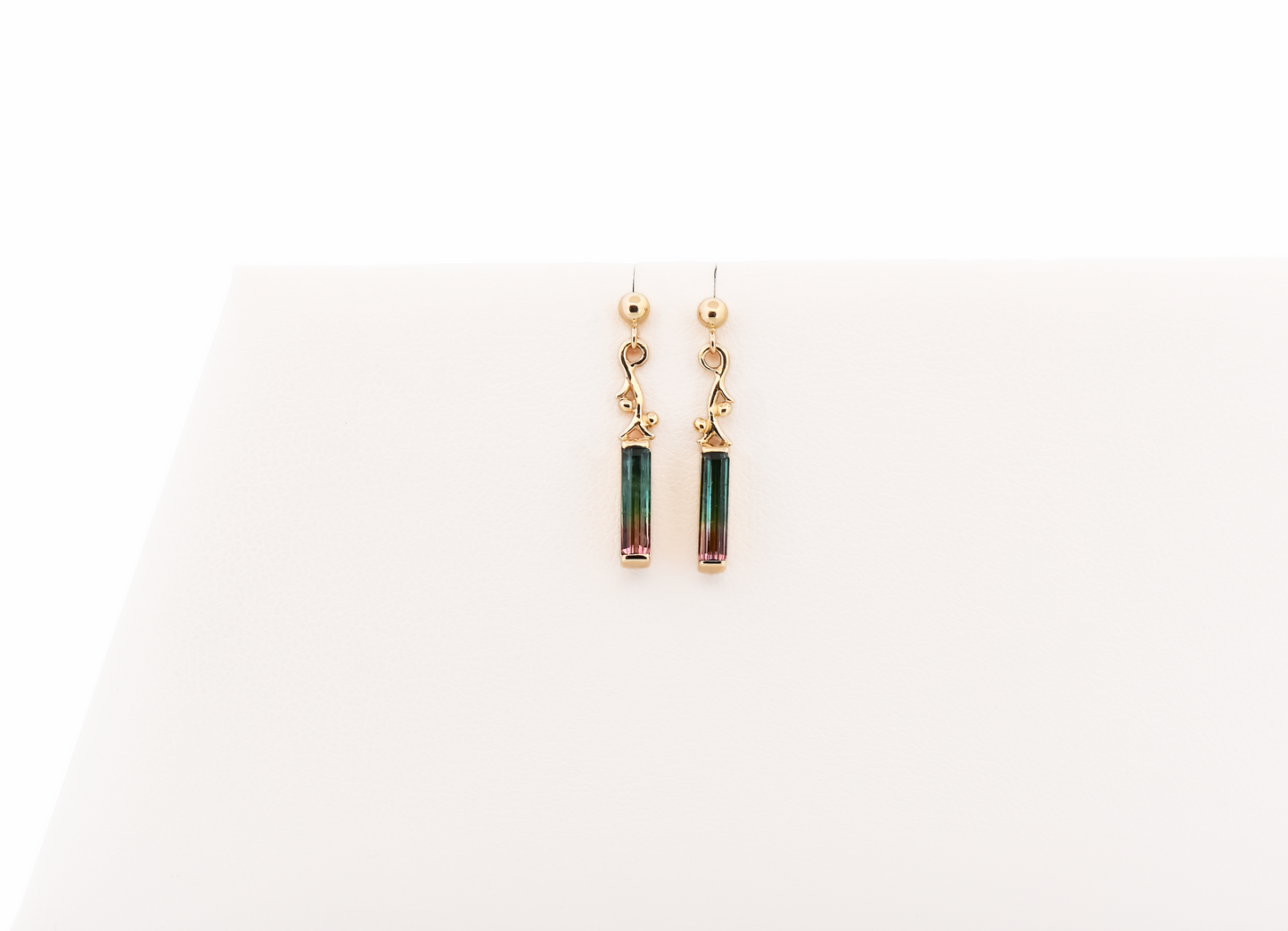 Adorable Watermelon Tourmaline Dangle Earrings in 14k Yellow Gold