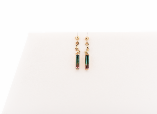 Adorable Watermelon Tourmaline Dangle Earrings in 14k Yellow Gold