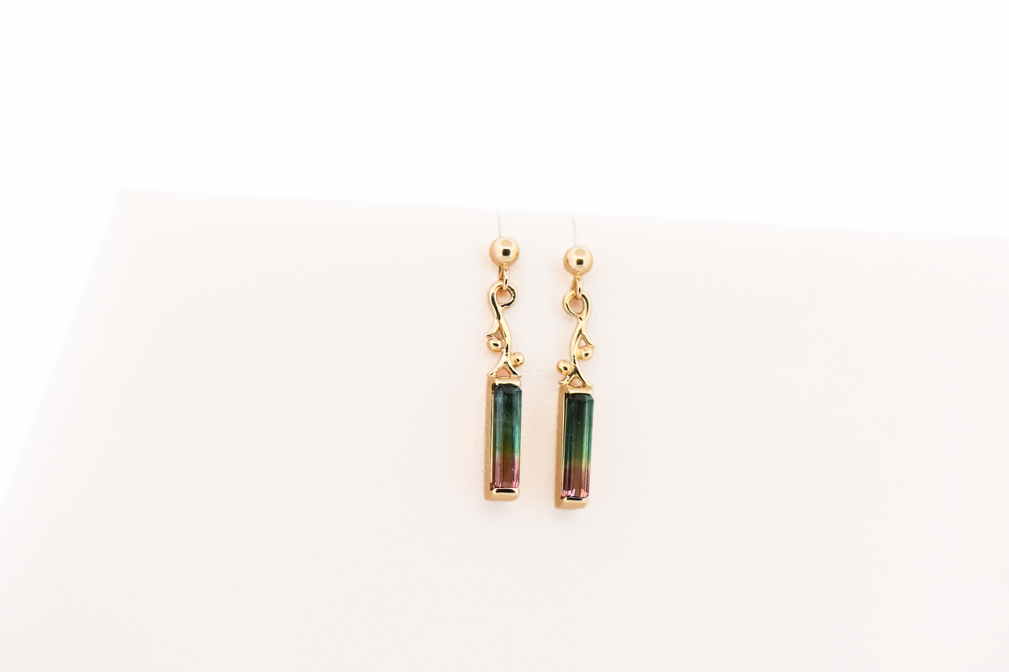 Adorable Watermelon Tourmaline Dangle Earrings in 14k Yellow Gold