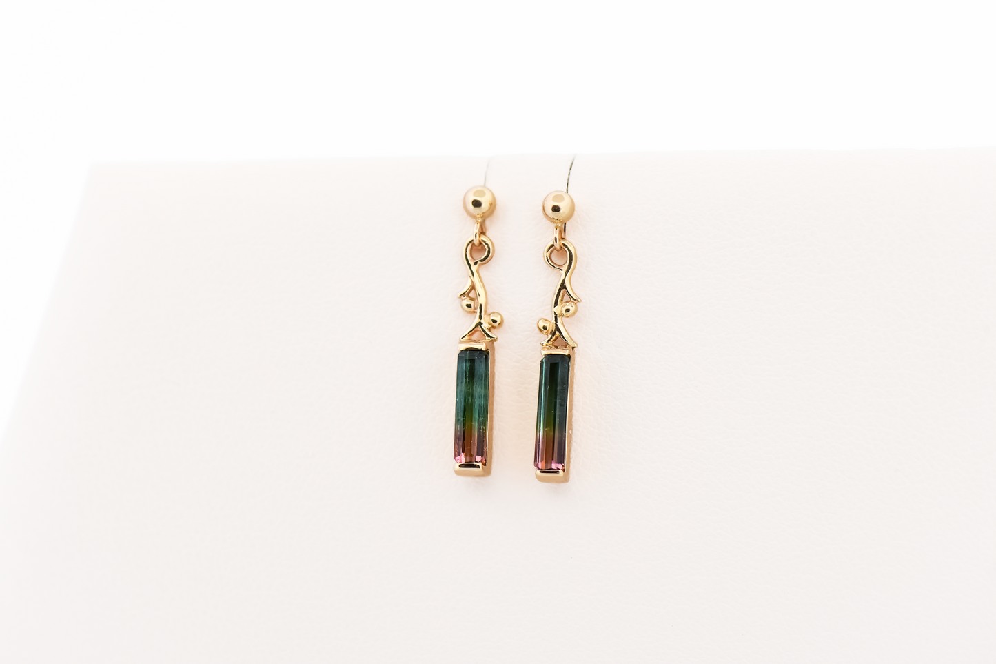 Adorable Watermelon Tourmaline Dangle Earrings in 14k Yellow Gold
