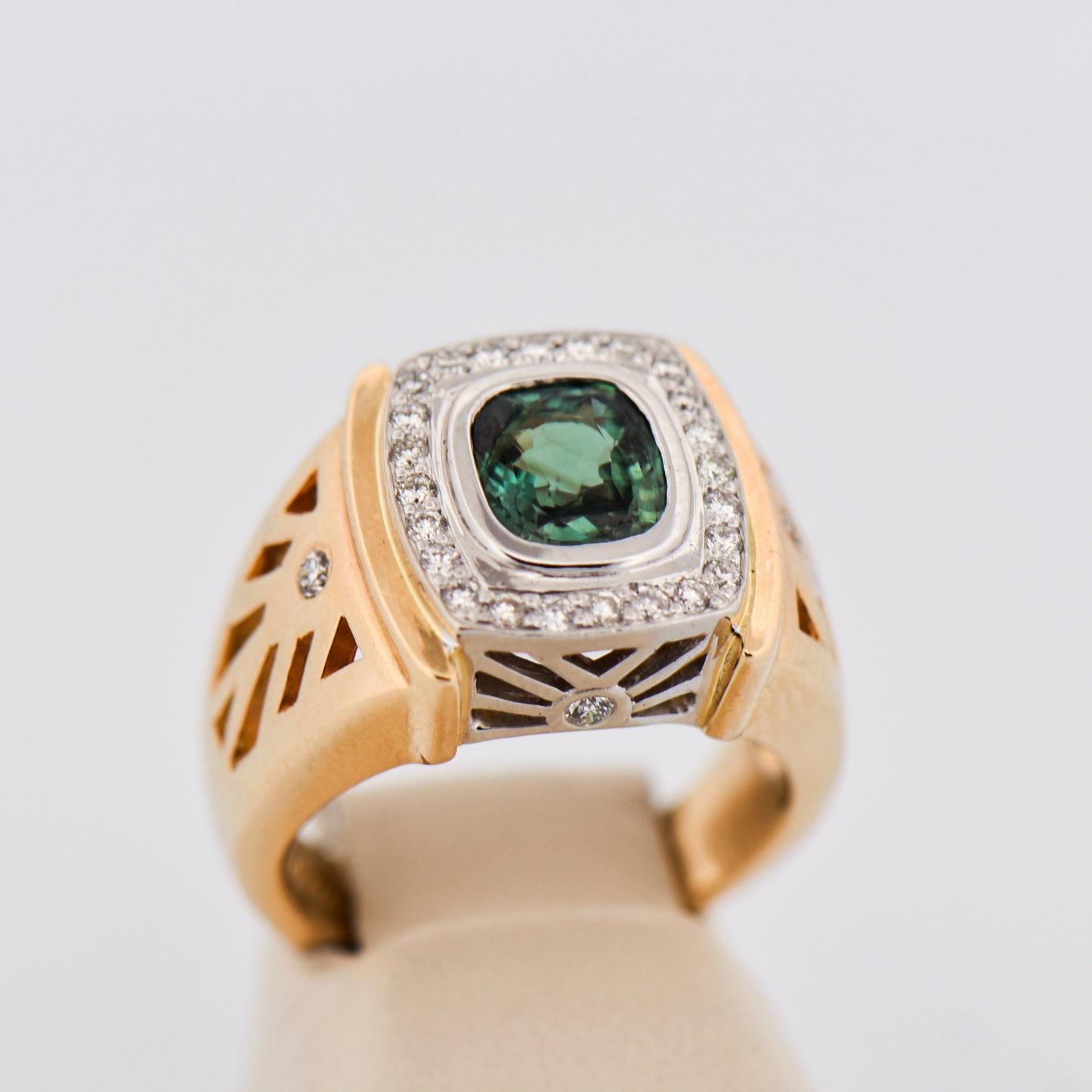 Unisex Cushion 2ct Alexandrite & Diamond Ring in Two-Tone Gold