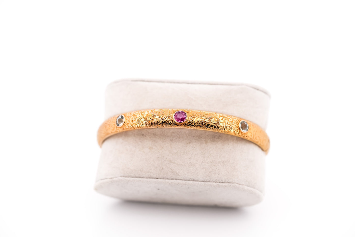 Amazing Antique Hinged Gold Bangle Bracelet with Aquamarine & Pink Sapphire - Bippart & Co