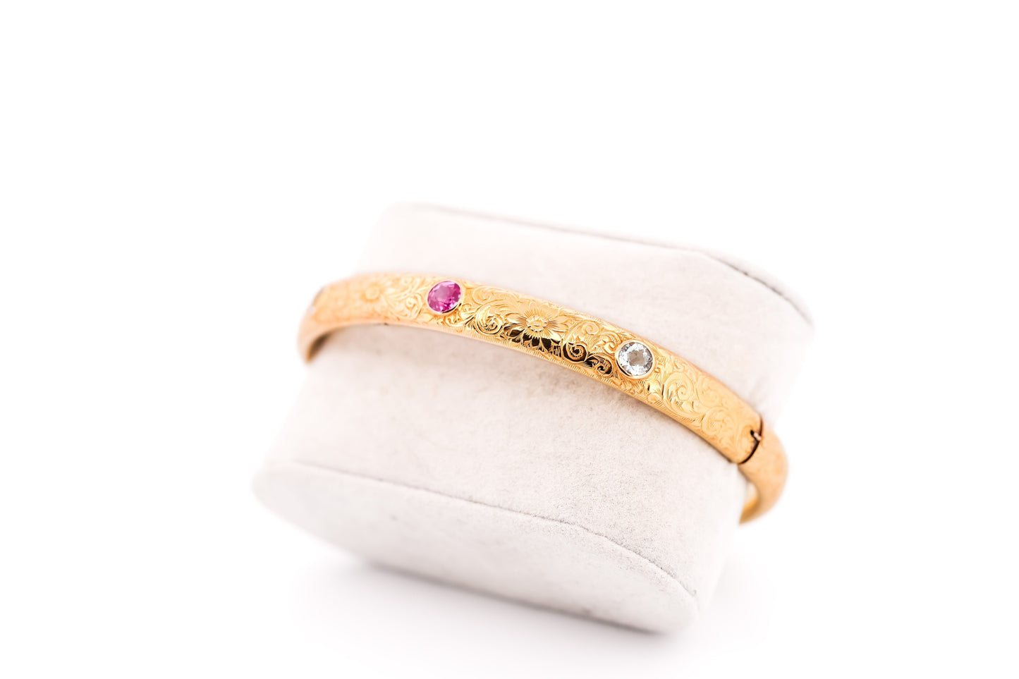Amazing Antique Hinged Gold Bangle Bracelet with Aquamarine & Pink Sapphire - Bippart & Co