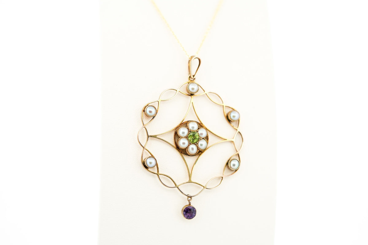 Amazing Antique Mandala-Shaped Suffragette Pendant with Peridot, Pearl & Amethyst