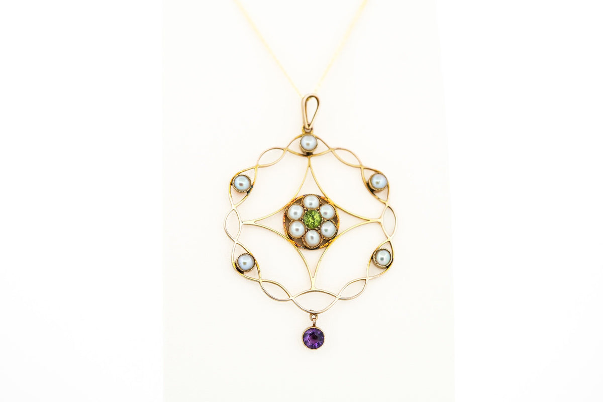 Amazing Antique Mandala-Shaped Suffragette Pendant with Peridot, Pearl & Amethyst