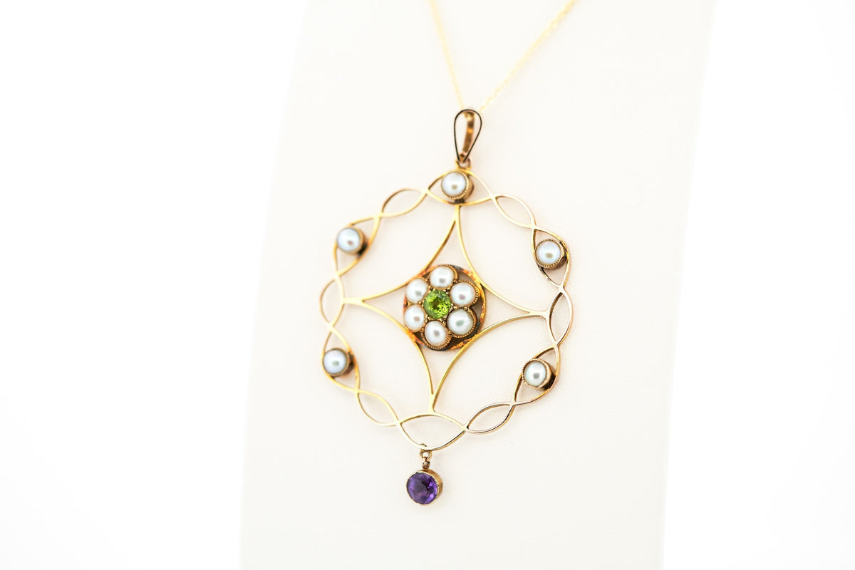 Amazing Antique Mandala-Shaped Suffragette Pendant with Peridot, Pearl & Amethyst