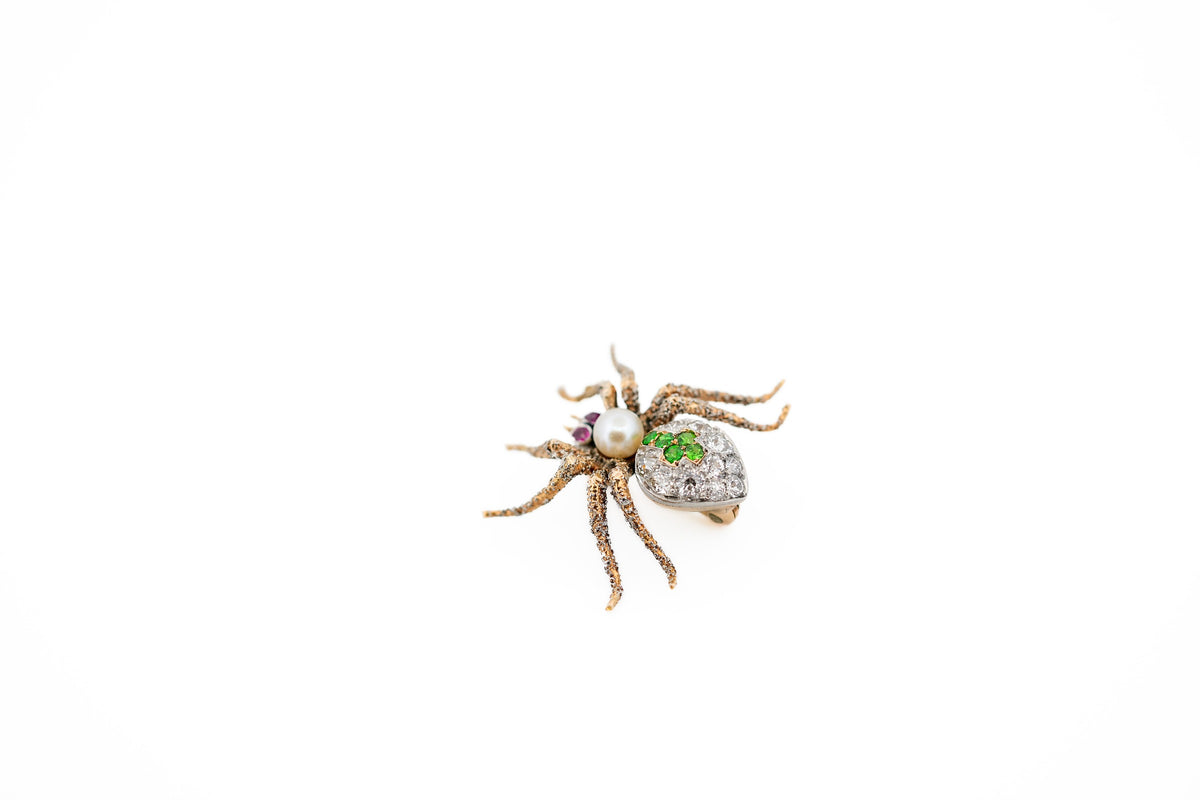 Amazing Antique Realistic Spider Brooch with Textured Gold & Gemstones