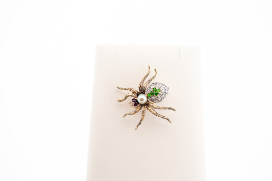 Amazing Antique Realistic Spider Brooch with Textured Gold & Gemstones