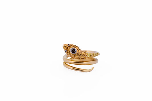 Amazing Antique Snake Ring with Rose-Cut Diamonds and Granulated Gold Detail Work