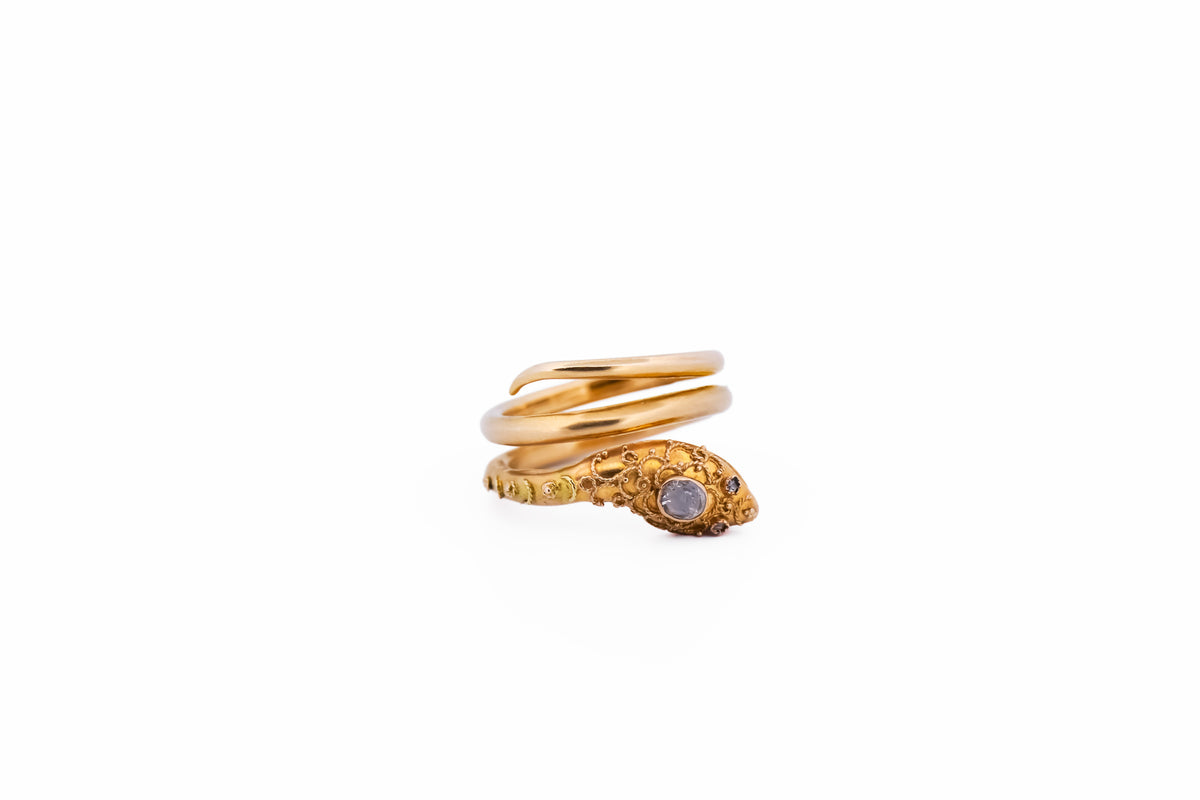 Amazing Antique Snake Ring with Rose-Cut Diamonds and Granulated Gold Detail Work