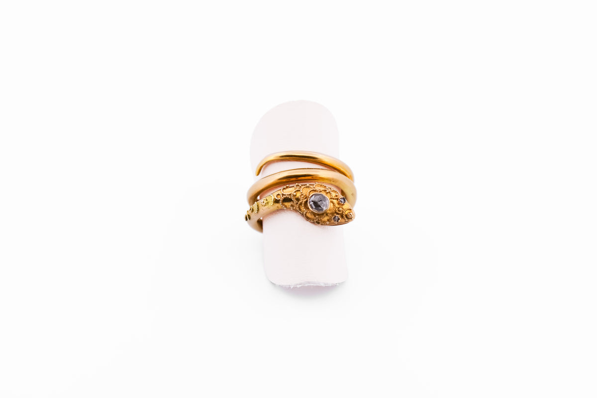 Amazing Antique Snake Ring with Rose-Cut Diamonds and Granulated Gold Detail Work