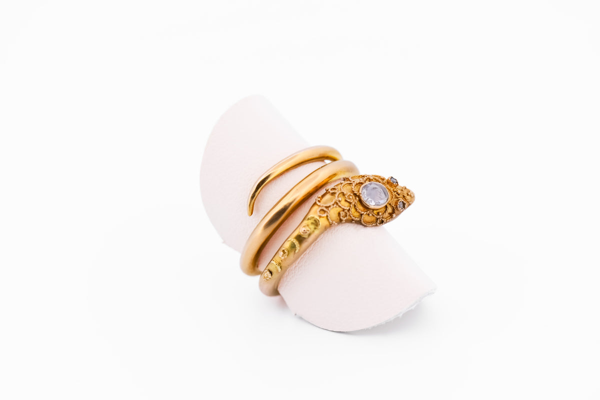 Amazing Antique Snake Ring with Rose-Cut Diamonds and Granulated Gold Detail Work
