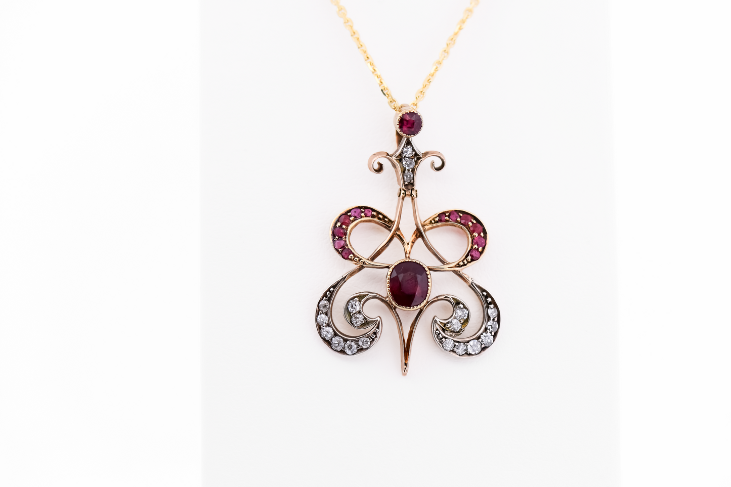 Amazing Art Nouveau British Ruby & Diamond Pendant in 15k Gold